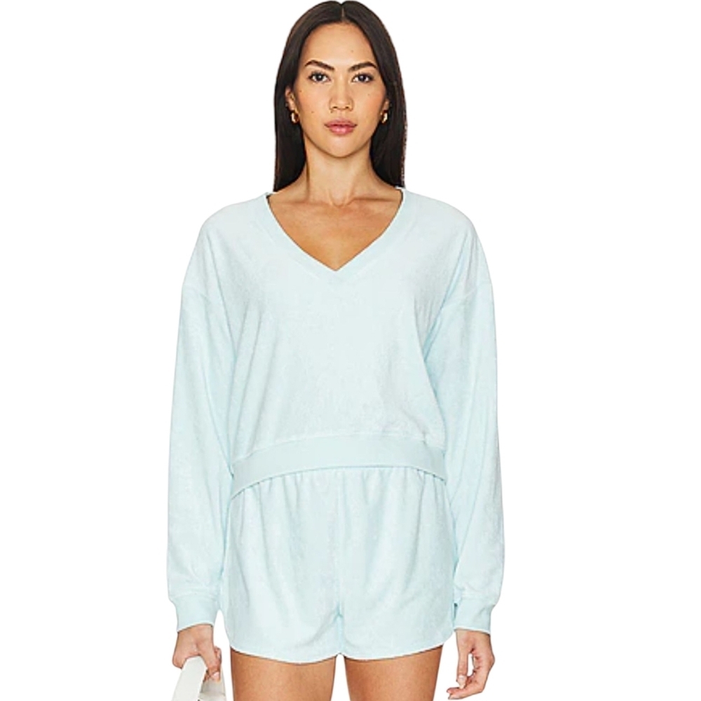 Beyond Yoga Tropez V-Neck Drop Shoulder Sweatshirt Tropical Waters Blue - Sz XL